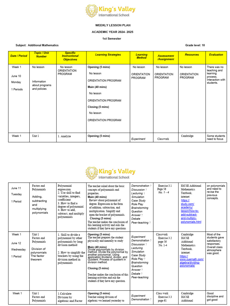 Weekly Additional Math Lesson Plan | PDF | Factorization | Polynomial