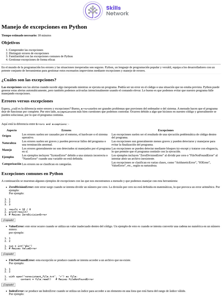 Exception handling in python espa ol pdf programa de computadora