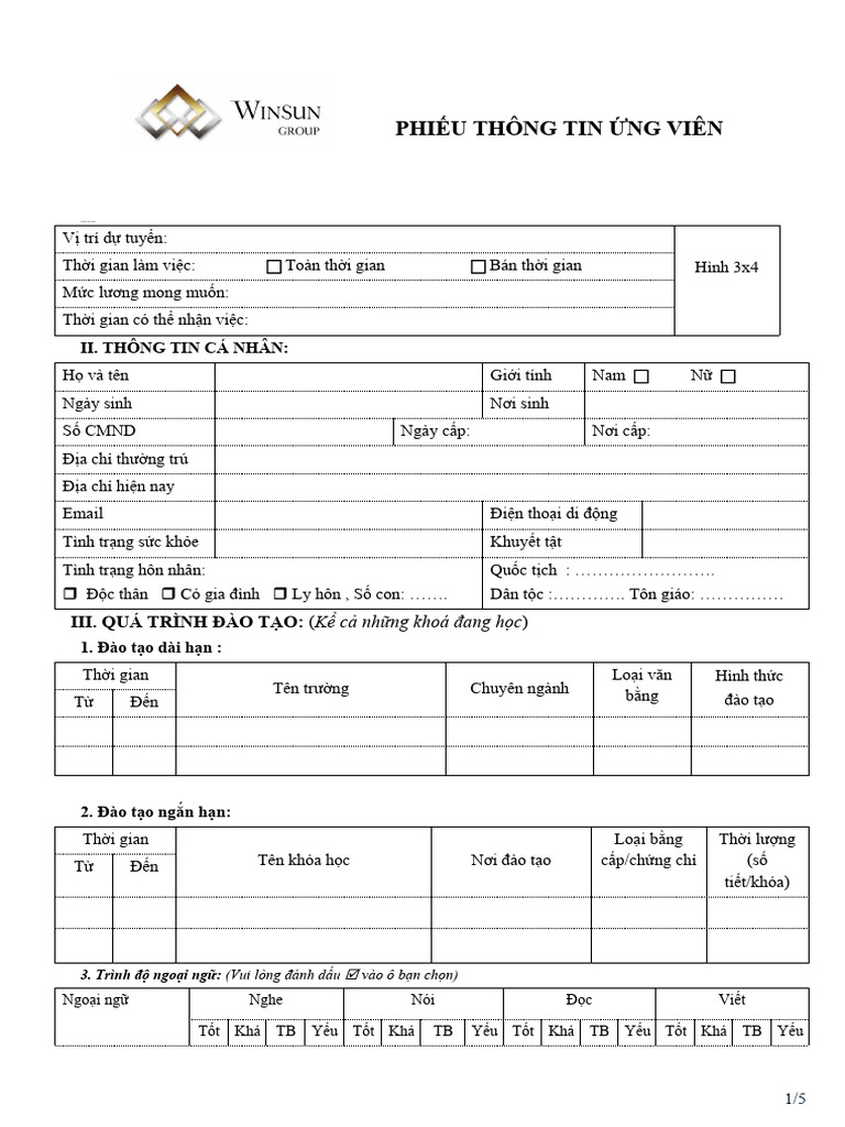 WS-Phiếu điền thông tin ứng viên viên | PDF