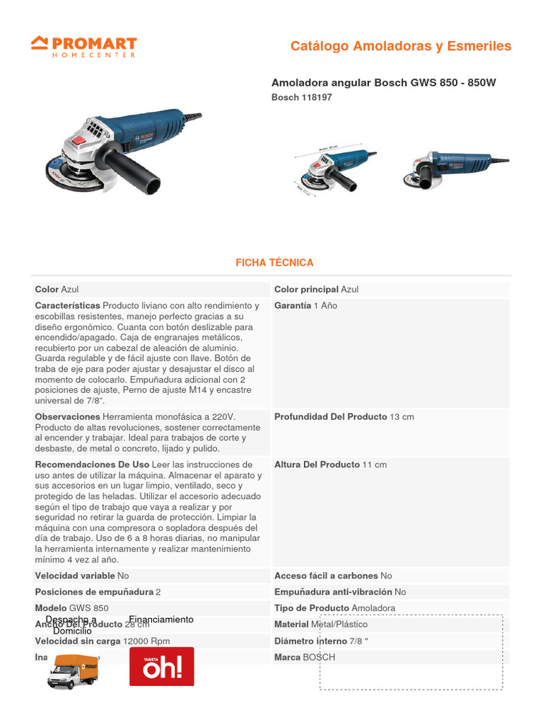 Ficha Técnica Amoladora Bosch GWS 850 | PDF