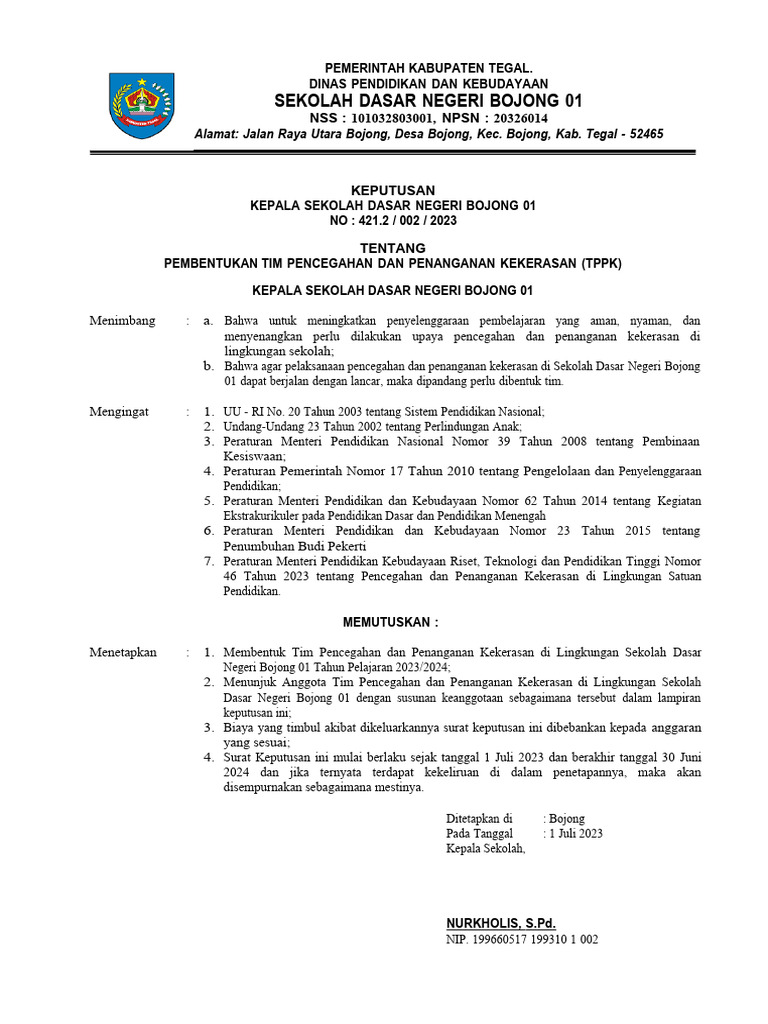 KELOMPOK - 5 - SK Tim Pencegahan Dan Penanganan Kekerasan Di Lingkungan