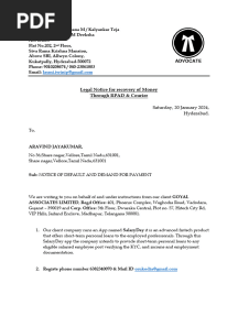 Legal Notice For Recovery of Money Through RPAD & Courier: Saturday, 20 January 2024, Hyderabad