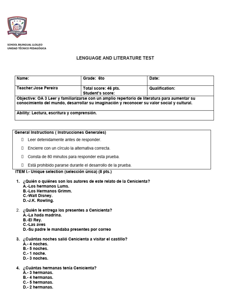 Prueba de Lengua y Literatura 6to Grado | PDF