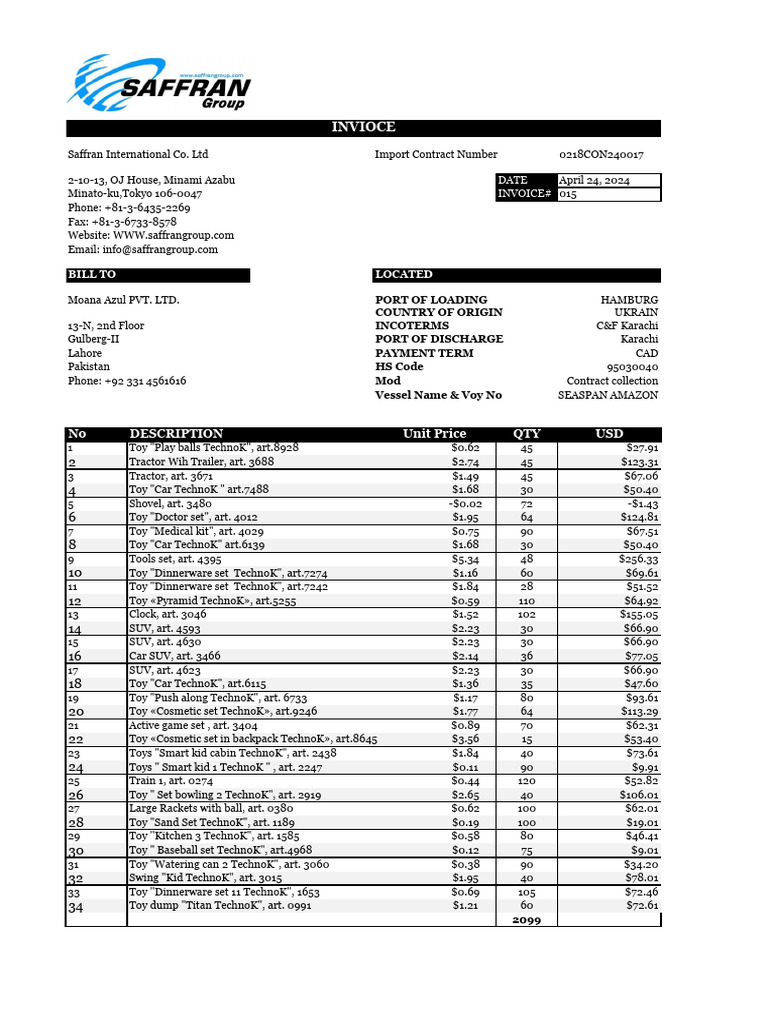 Saffran International Invoice Details | PDF