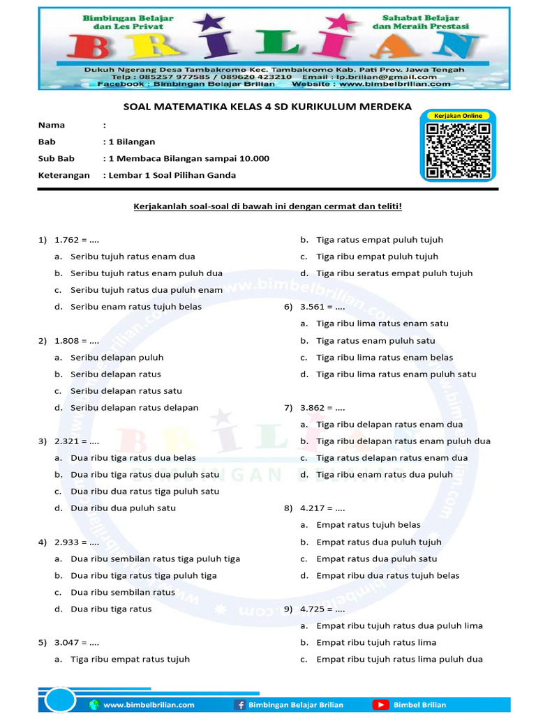 Soal Membaca Bilangan Sampai 10 000 Lembar Pilihan Ganda Pdf