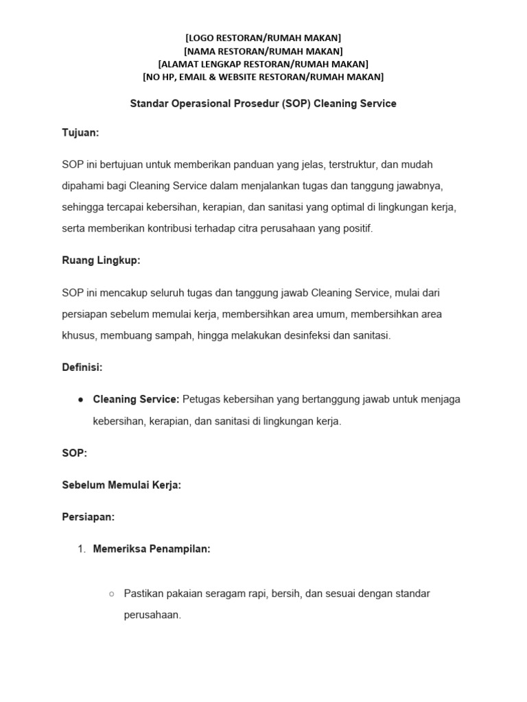 SOP Cleaning Service Restoran | PDF