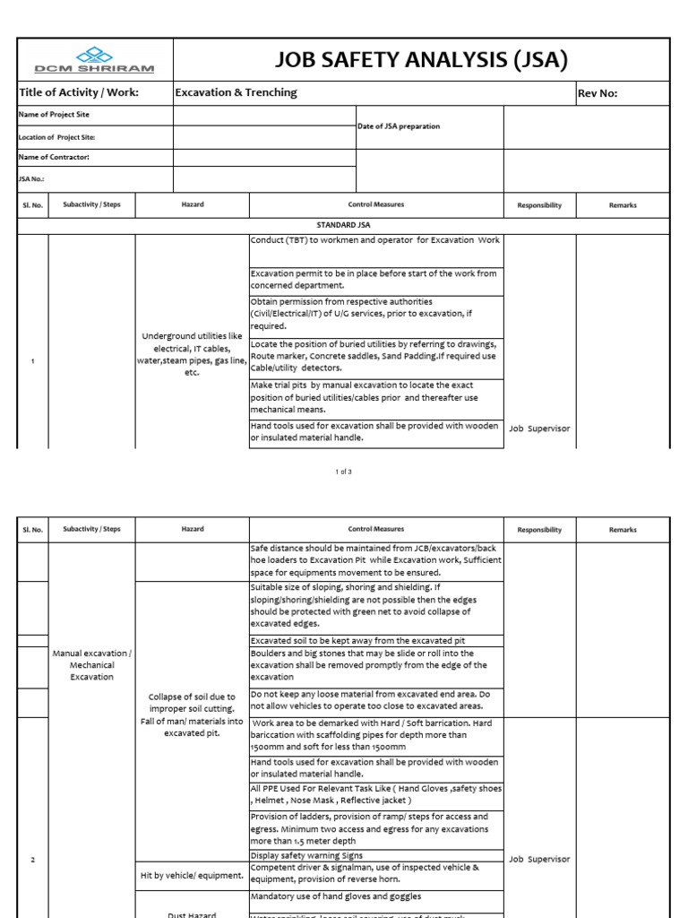 Job Safety Analysis for Excavation Work | PDF | Safety