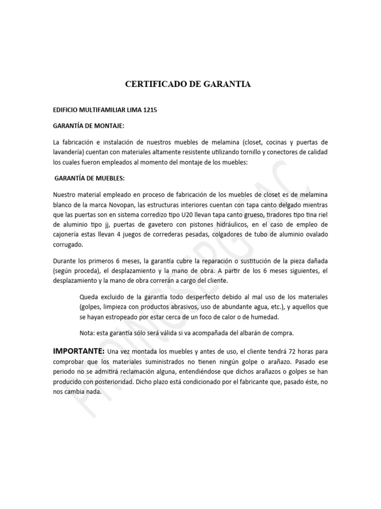 Garantía Muebles Melamina Lima 1215 | PDF | Hogar, jardinería y bricolaje