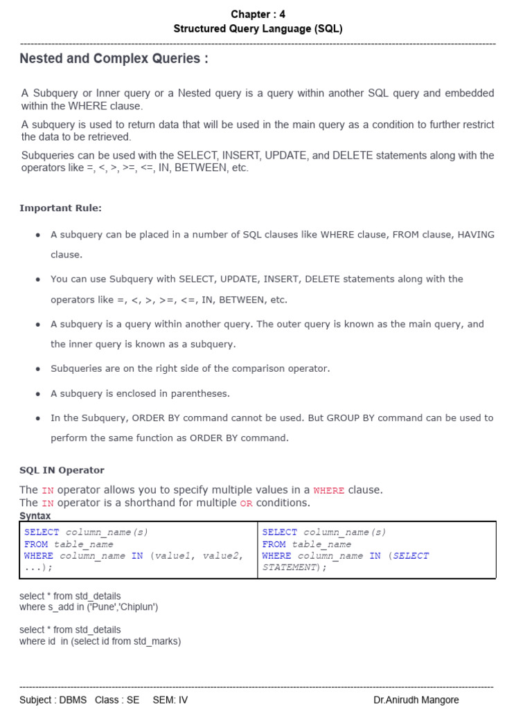 Nested and Complex Queries | PDF | Sql | Information Technology Management