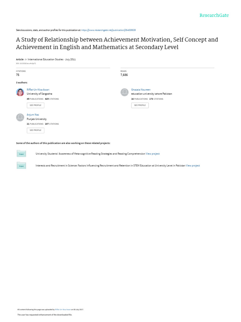 A Study of Relationship Between Achievement Motivation, Self Concept ...
