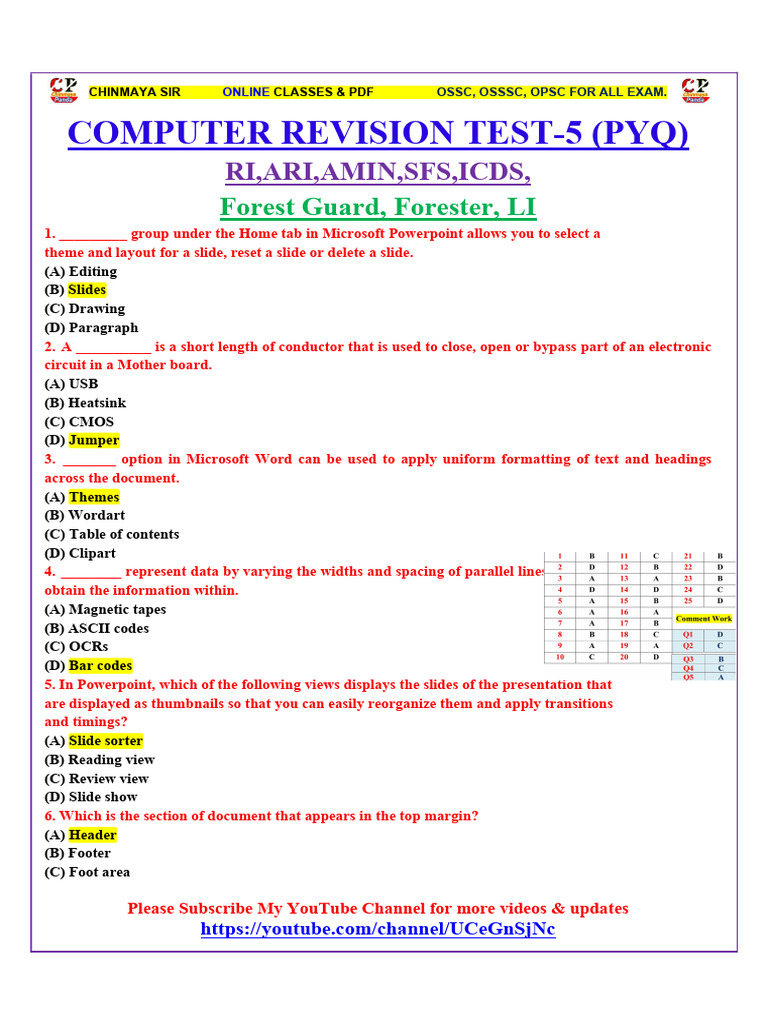 Revision Test 5 PYQ Computer | PDF | Microsoft Word | Microsoft Excel