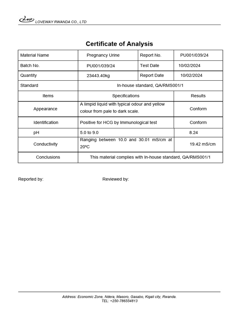 COA template Urine PU001 039 24 loveway PDF
