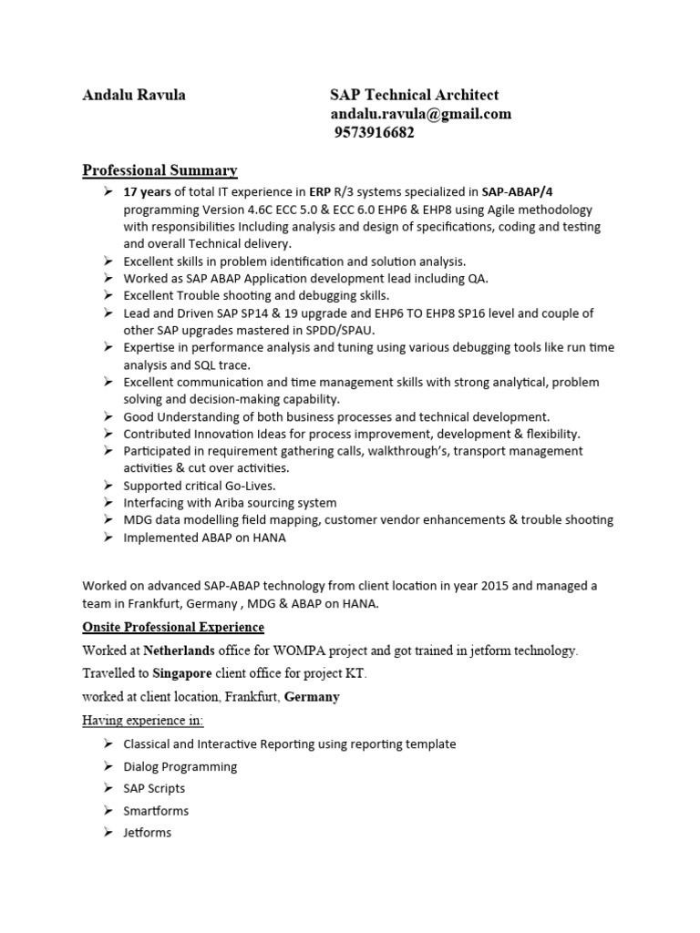 Andalu ravula sap technical architect 9573916682 professional summary