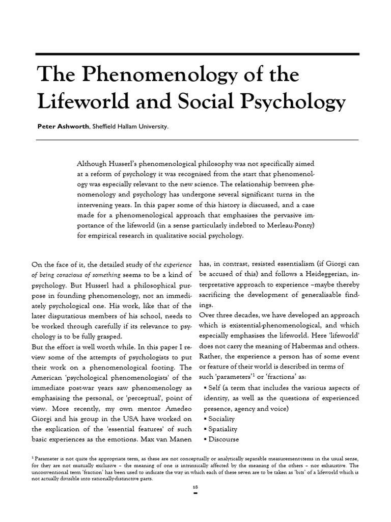 The Phenomenology Of The Lifeworld And Social Psychology Pdf