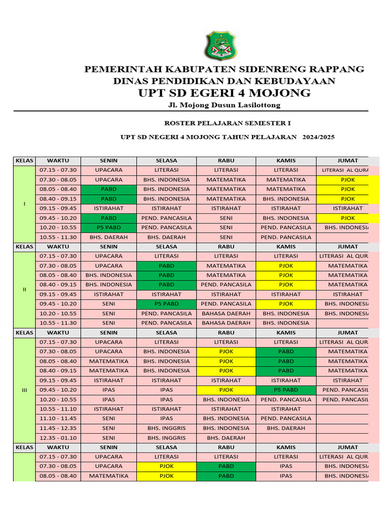 Roster Pelajaran SD Negeri 4 Mojong 2024 | PDF