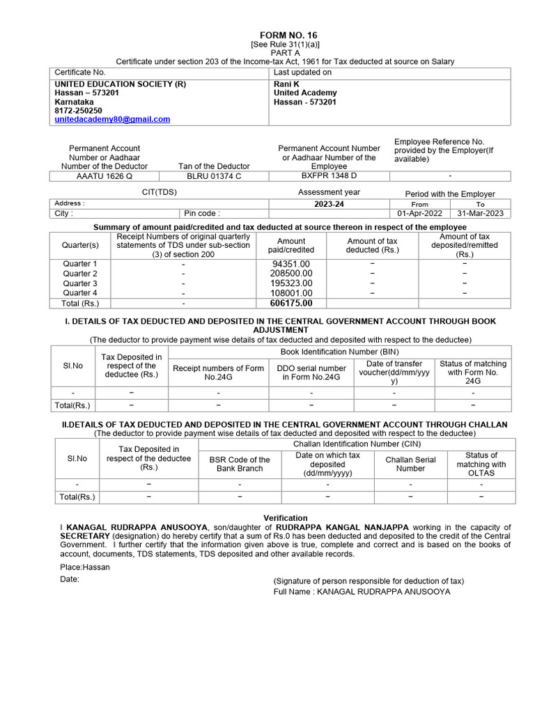 Form 16 TDS Certificate for Salary 2023 | PDF | Tax Deduction | Pension