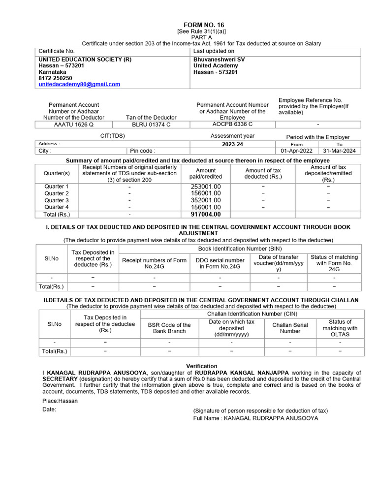 Form 16 Bhuvaneshweri S V | PDF | Tax Deduction | Pension