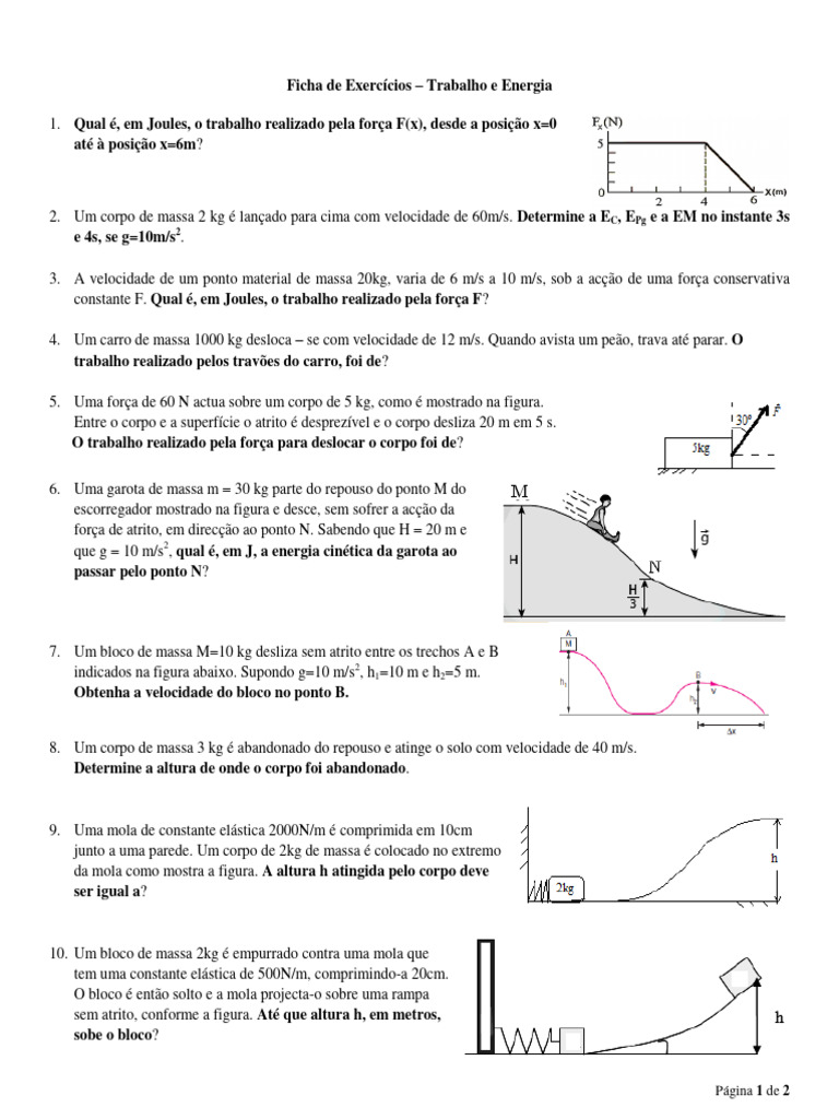 Exercícios sobre Trabalho e Energia | PDF | Massa | Energia cinética