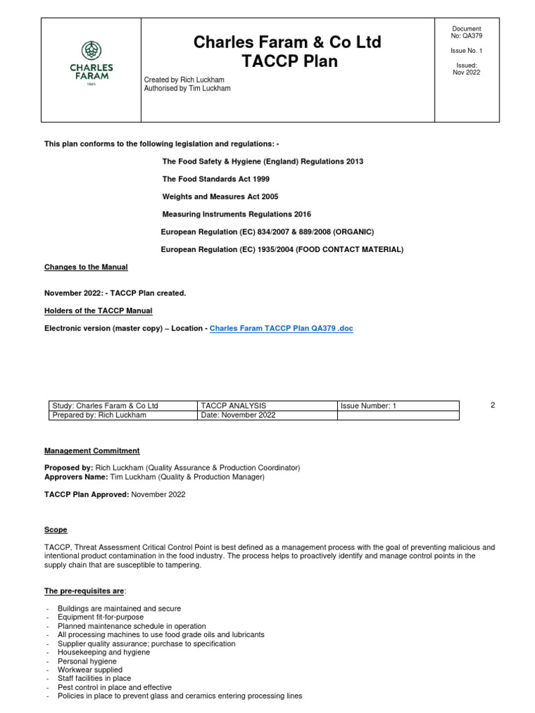 CHF Hops Taccp Plan Qa379 2022 | PDF | Hops | Pallet