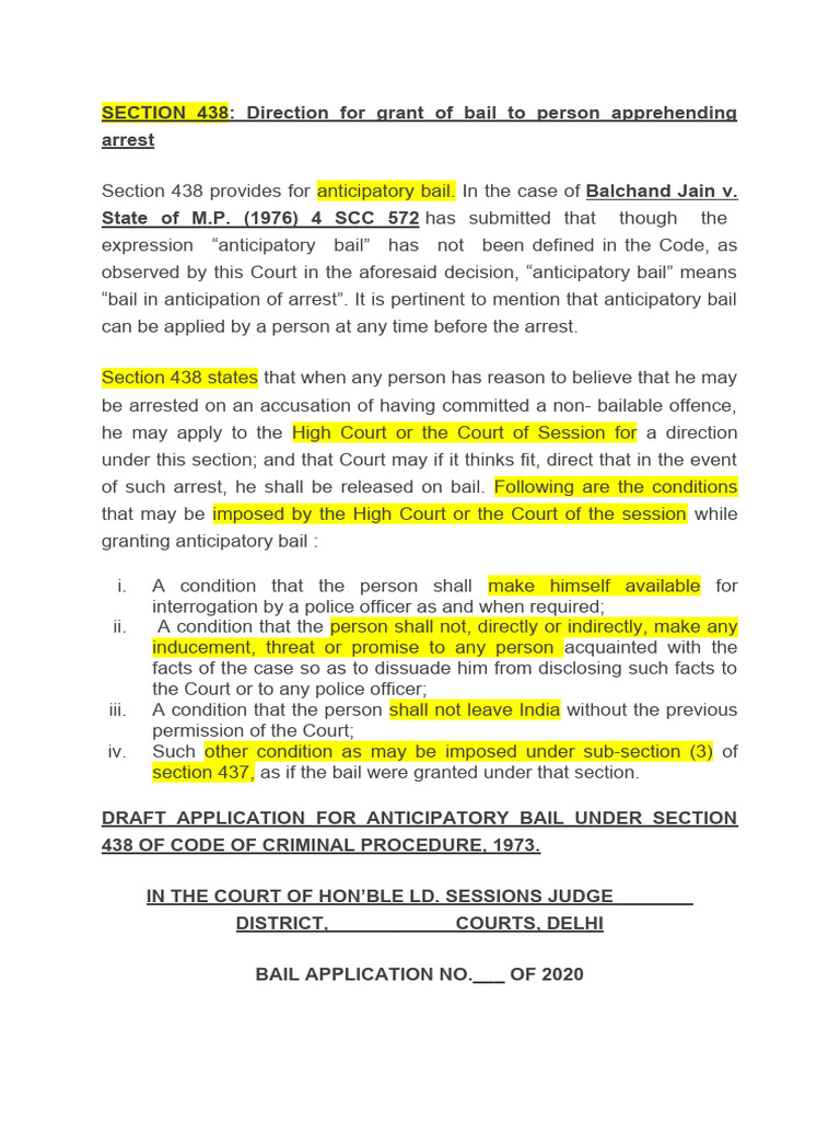 Anticipatory Bail Application Format | PDF | Bail | Arrest