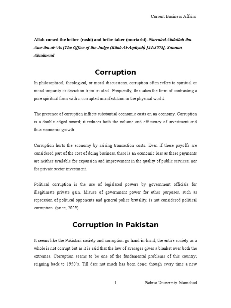 corruption in pakistan essay outline