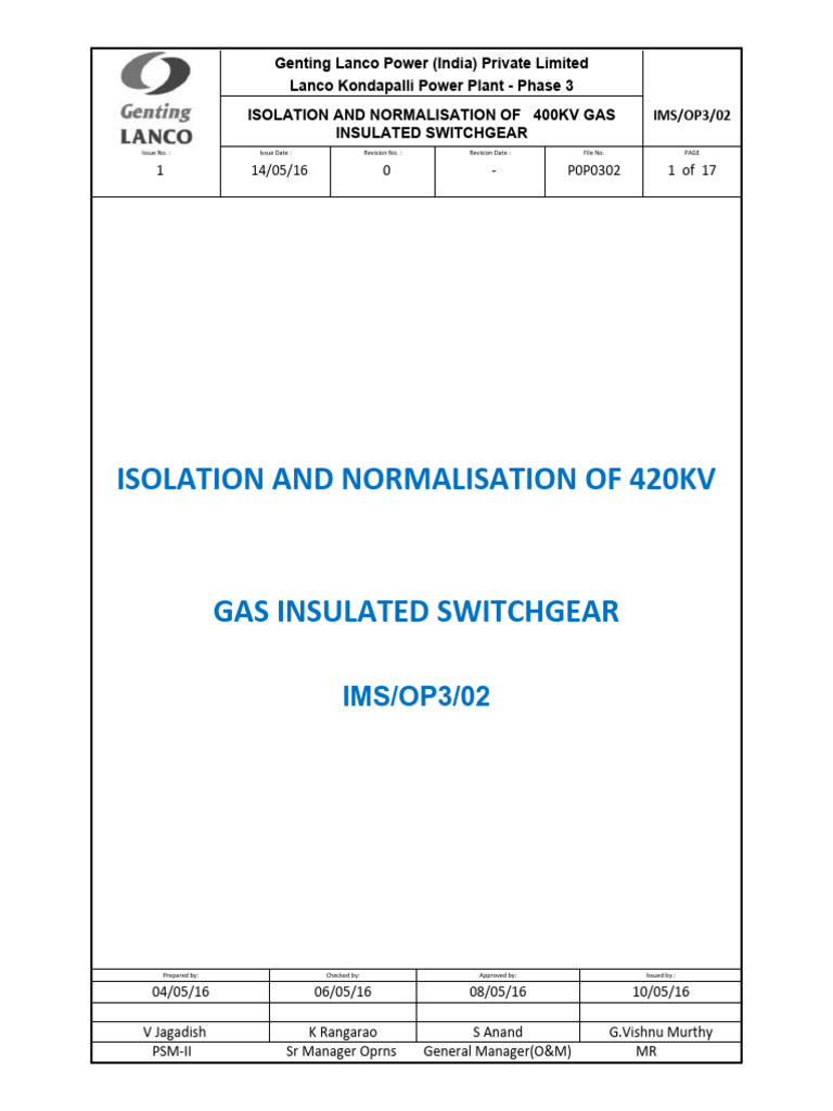 400kV Gas Insulated Switchgear Procedure | PDF | Electrical Substation ...