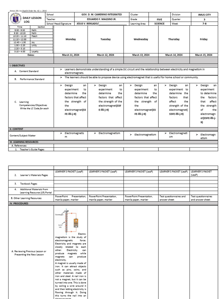 DLL in Science Q3 W 7-8 | PDF | Magnet | Electromagnetism