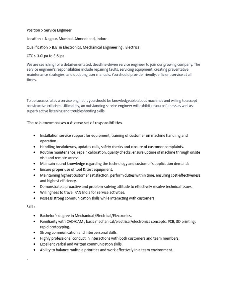 JD For Service Engineer - 2 | PDF