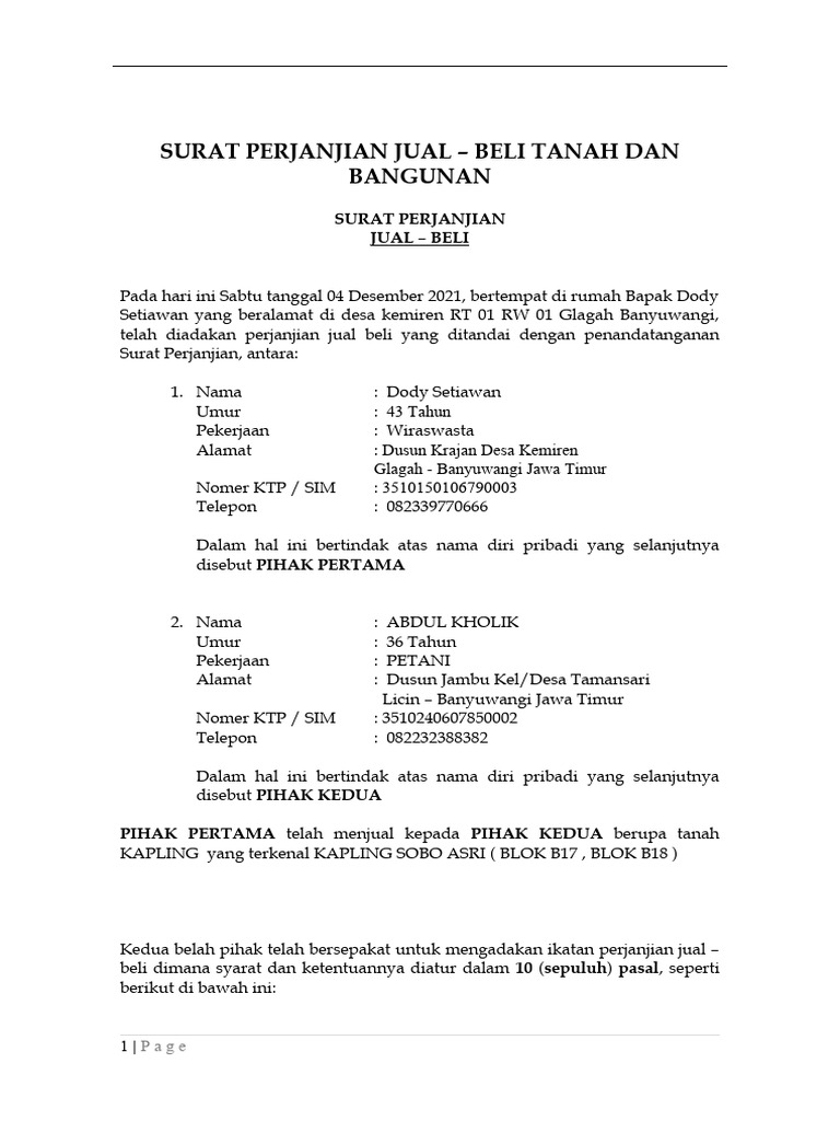 Contoh-Surat-Perjanjian-Jual-Beli-Tanah-Dan-Bangunan DODY | PDF
