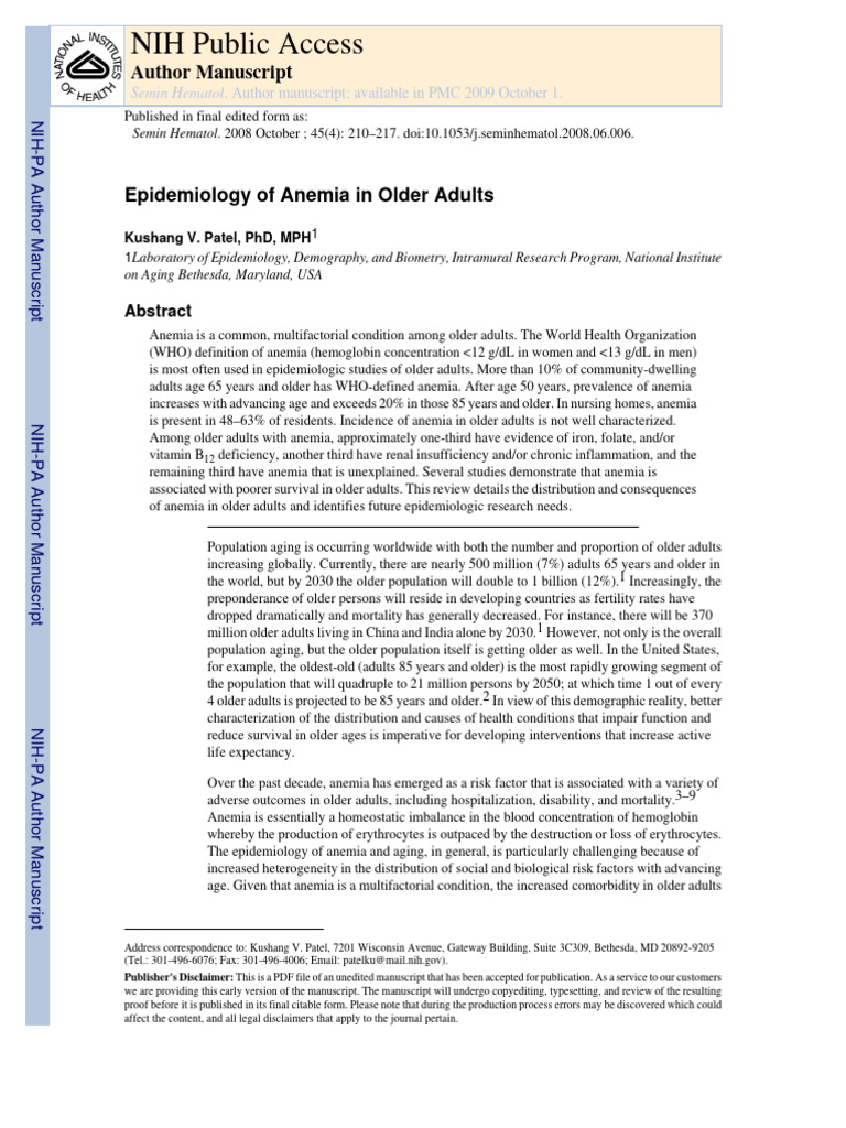Anemia Prevalence in Older Adults | PDF | National Institutes Of Health ...