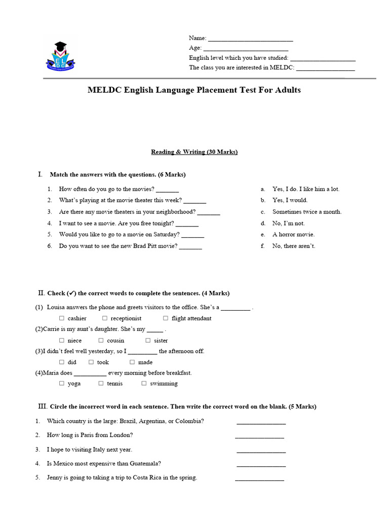 MELDC English Placement Test Overview | PDF | Career & Growth | Foreign ...