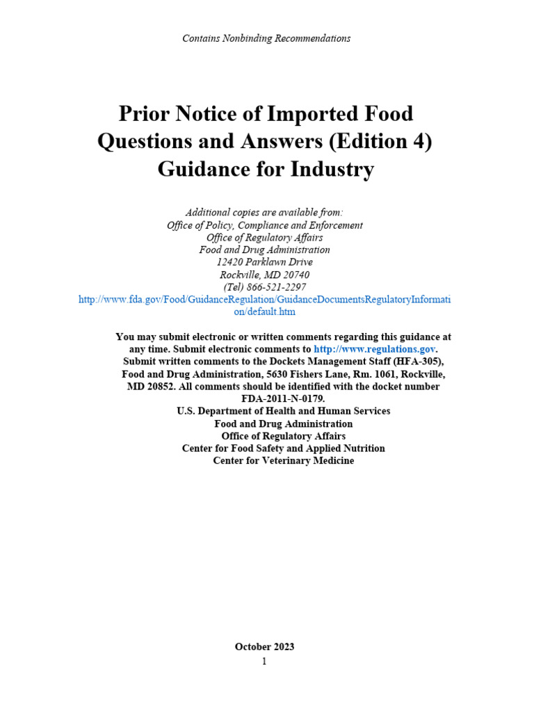23 - Prior Notice of Imported Food Questions and Answers Edition 4 - 10 ...