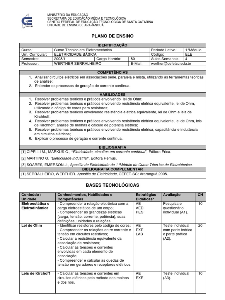 Plano de Ensino: Eletricidade Básica | PDF | Rede elétrica | Eletricidade