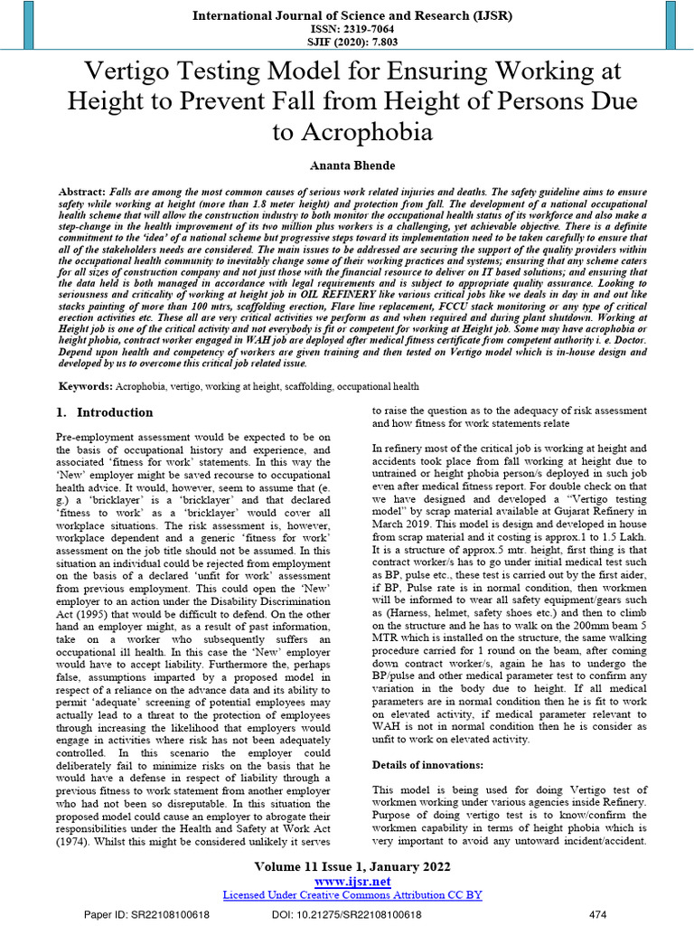 Vertigo Testing Model for Height Safety | PDF | Occupational Safety And ...