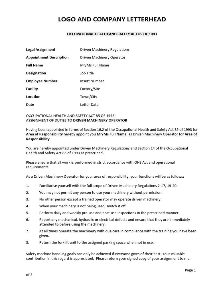 Driven Machinery Operator Appointment | PDF | Occupational Safety And ...