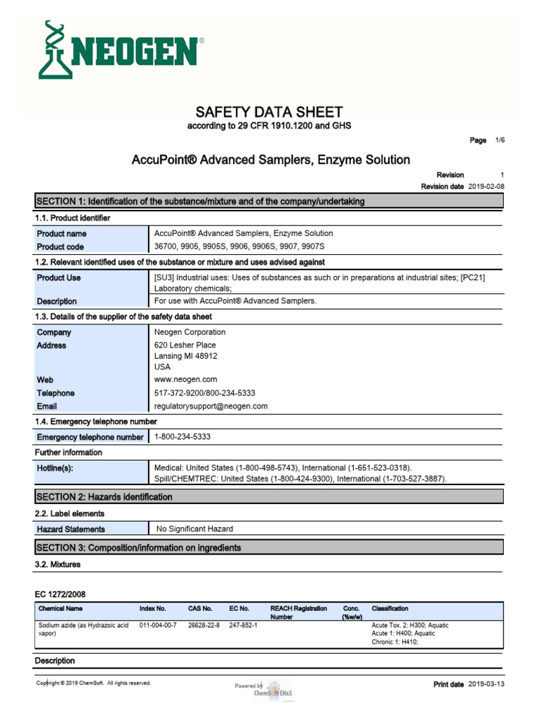 AccuPoint® Advanced Surface Sampler Safety Data Sheet SDS | PDF ...