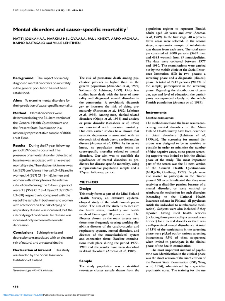 Div Class Title Mental Disorders and Cause Specific Mortality Div | PDF ...