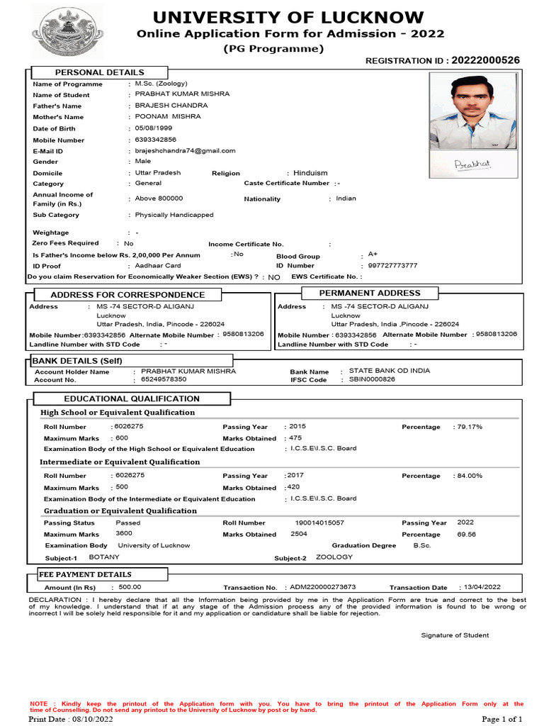 Lucknow University PG Admission Form 2022 | PDF
