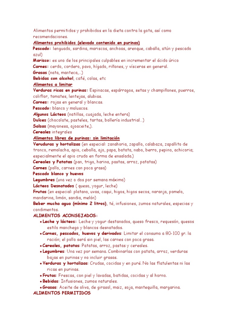 Alimentos Permitidos y Prohibidos en La Dieta Contra La Gota PDF