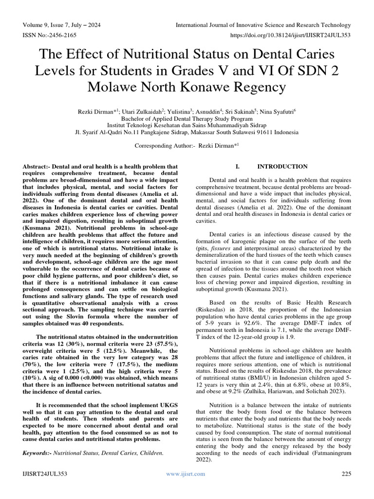 Nutritional Status Impact on Dental Caries | PDF | Dentistry Branches ...