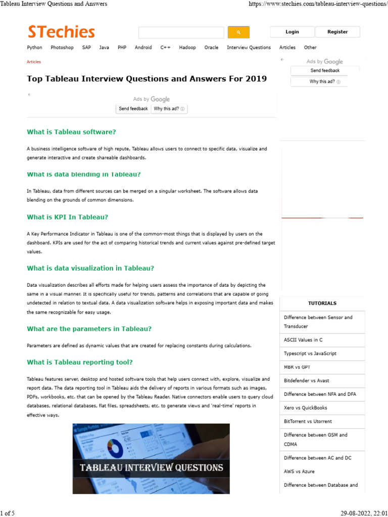 Top Tableau Interview Questions 2023 | PDF | Databases | Data