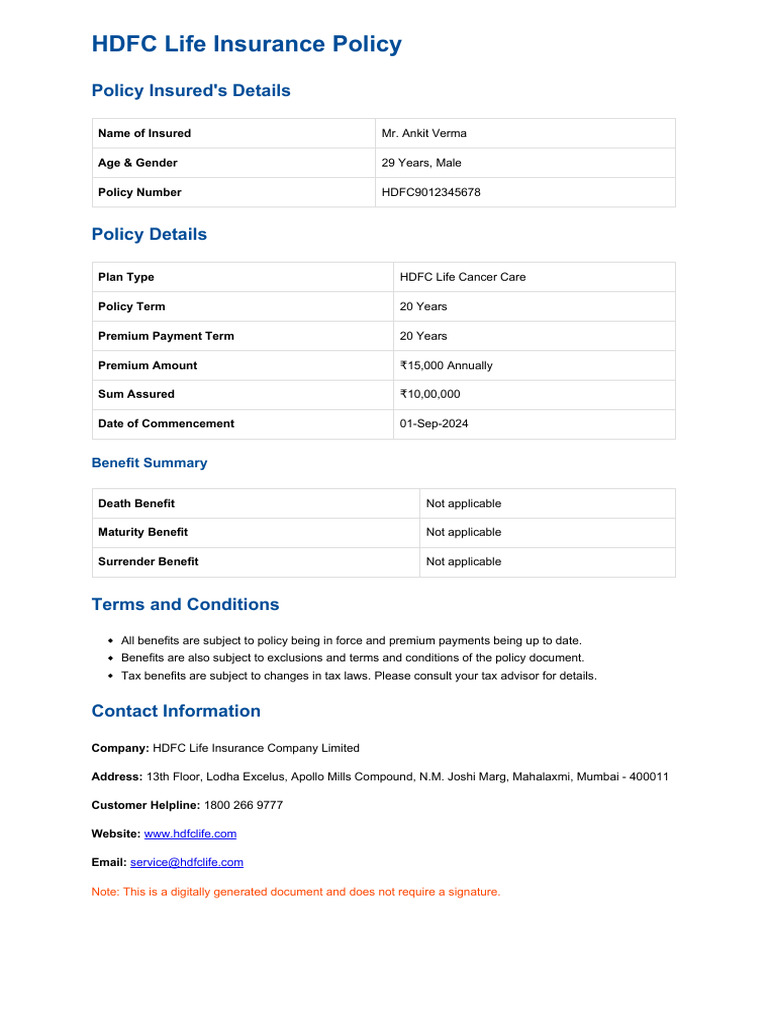 HDFC Life Cancer Care Policy Details | PDF | Business | Finance & Money ...