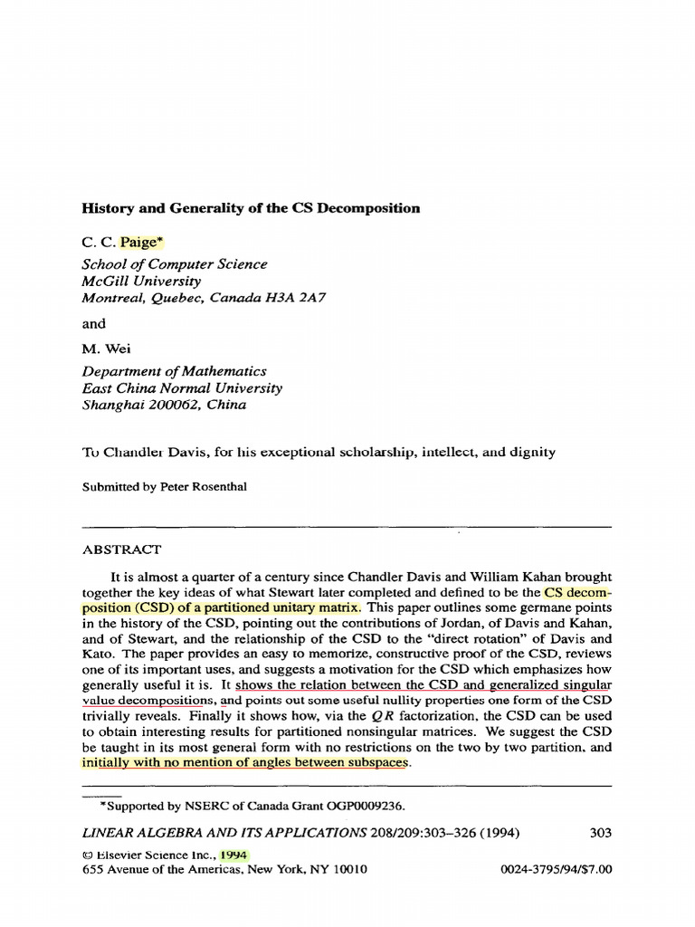 CS Decomposition: History and Applications | PDF | Matrix (Mathematics ...
