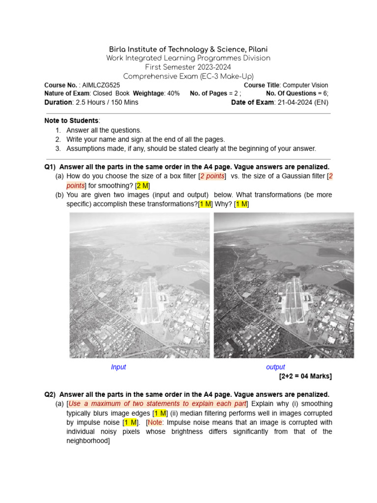 Computer Vision Exam Questions 2024 | PDF | Applied Mathematics ...