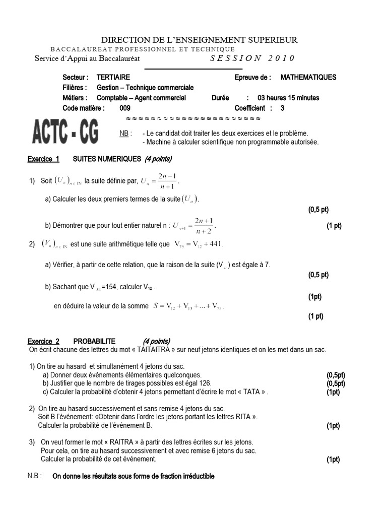 Épreuve de Maths Bac Pro 2010 Tertiaire | PDF | Analyse mathématique ...