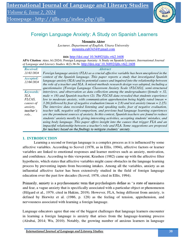 Foreign Language Anxiety A Study On Spanish Learne | PDF | Anxiety ...