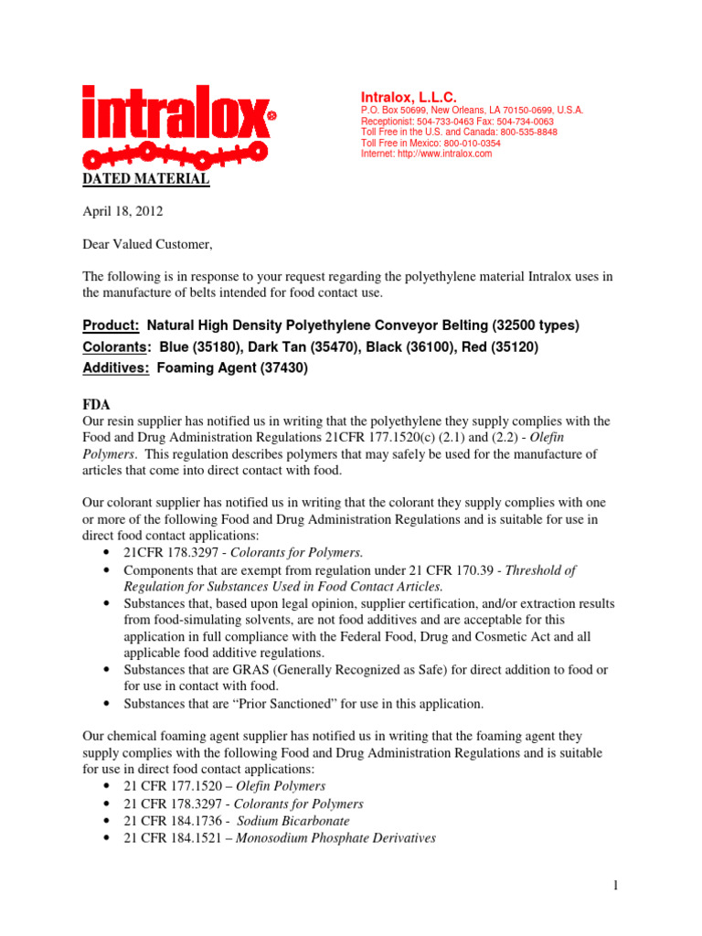 Intralox PE 32500 Compliance Letter 2012 | PDF | Food And Drug ...