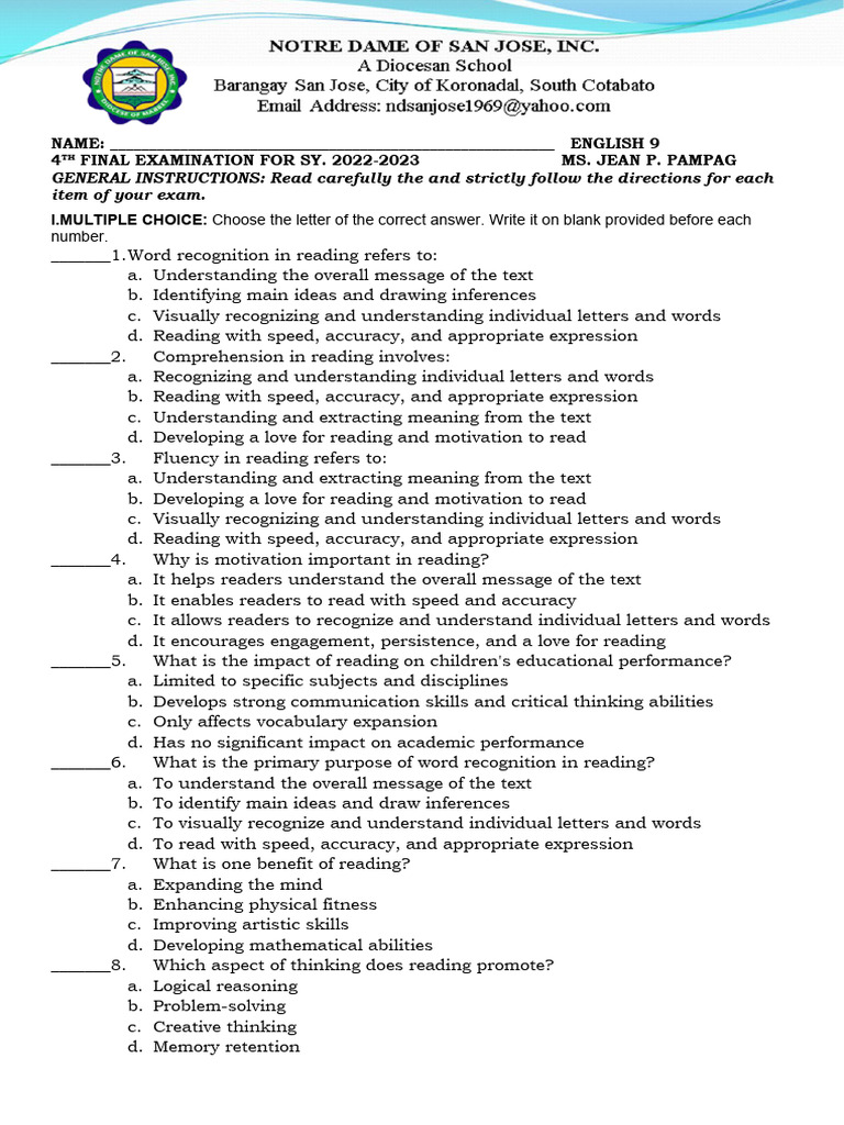 Exam Grade 9 Download Free Pdf Reading Comprehension Critical