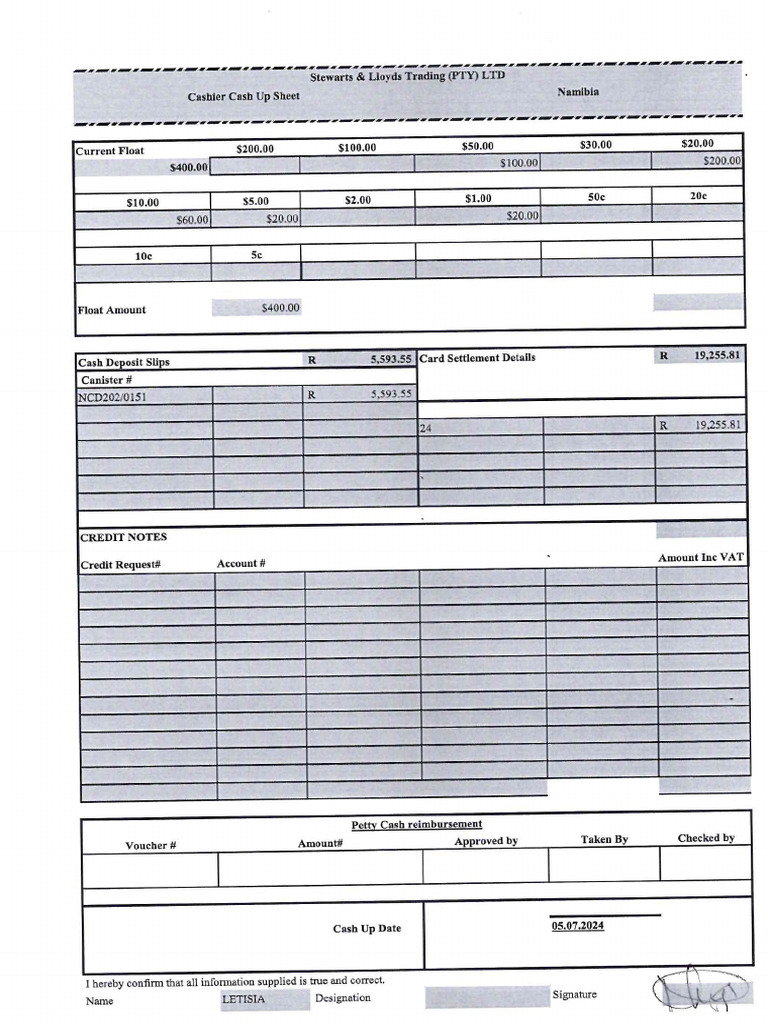 Cash Up Sheet 2024.07.05-Letisia | PDF