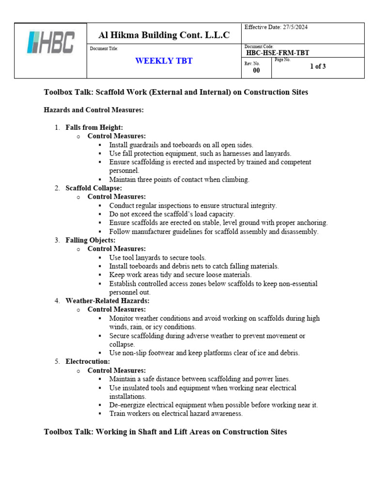 Scaffold Safety Toolbox Talk Guide | PDF | Occupational Safety And ...